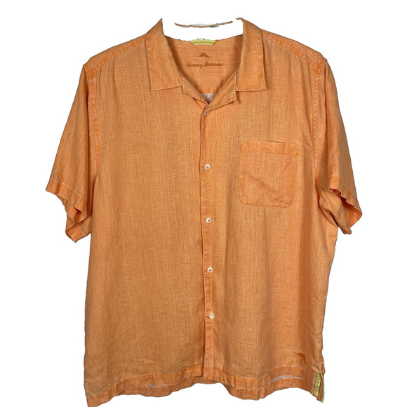 Tommy Bahama 100% Linen Shirt Men’s XXL Orange Short Sleeve Loop Collar Tropical - Picture 1 of 13